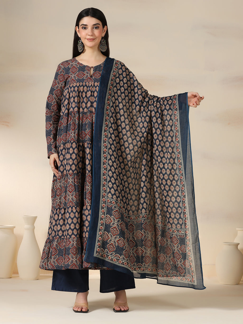 Navy Blue Pure Cotton Printed Round Neck Full Sleeves Calf Length Flared Kurta Pant And Dupatta Set Mizazjaipur
