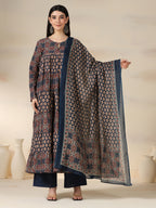 Navy Blue Pure Cotton Printed Round Neck Full Sleeves Calf Length Flared Kurta Pant And Dupatta Set Mizazjaipur