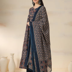Navy Blue Pure Cotton Printed Round Neck Full Sleeves Calf Length Flared Kurta Pant And Dupatta Set Mizazjaipur
