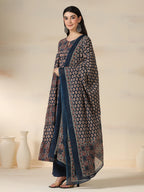 Navy Blue Pure Cotton Printed Round Neck Full Sleeves Calf Length Flared Kurta Pant And Dupatta Set Mizazjaipur