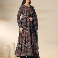 Navy Blue Pure Cotton Printed Round Neck Full Sleeves Calf Length Flared Kurta Pant And Dupatta Set Mizazjaipur