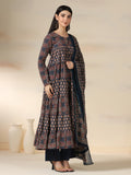 Navy Blue Pure Cotton Printed Round Neck Full Sleeves Calf Length Flared Kurta Pant And Dupatta Set Mizazjaipur