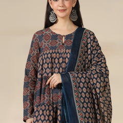 Navy Blue Pure Cotton Printed Round Neck Full Sleeves Calf Length Flared Kurta Pant And Dupatta Set Mizazjaipur
