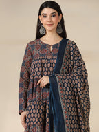 Navy Blue Pure Cotton Printed Round Neck Full Sleeves Calf Length Flared Kurta Pant And Dupatta Set Mizazjaipur