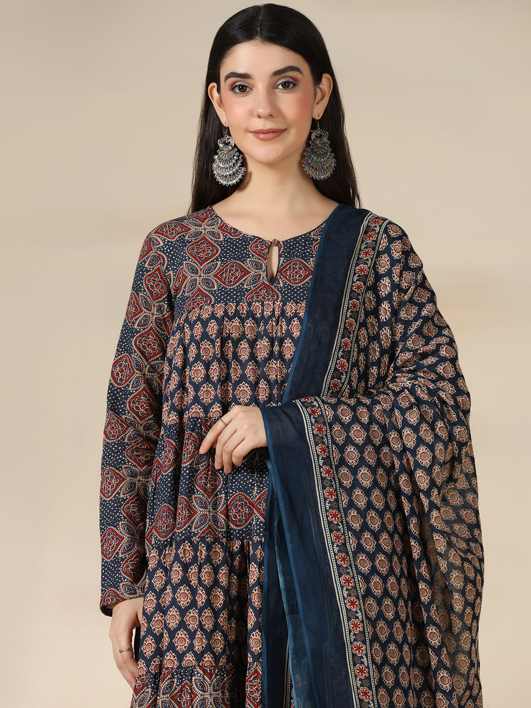 Navy Blue Pure Cotton Printed Round Neck Full Sleeves Calf Length Flared Kurta Pant And Dupatta Set Mizazjaipur