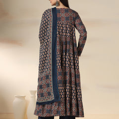 Navy Blue Pure Cotton Printed Round Neck Full Sleeves Calf Length Flared Kurta Pant And Dupatta Set Mizazjaipur