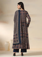 Navy Blue Pure Cotton Printed Round Neck Full Sleeves Calf Length Flared Kurta Pant And Dupatta Set Mizazjaipur