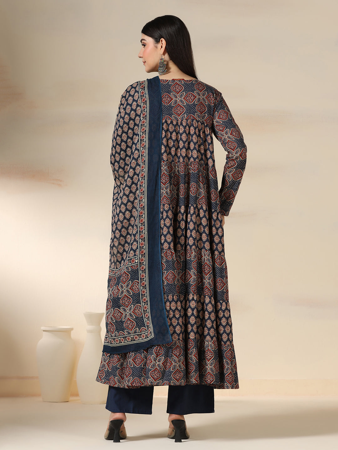 Navy Blue Pure Cotton Printed Round Neck Full Sleeves Calf Length Flared Kurta Pant And Dupatta Set Mizazjaipur