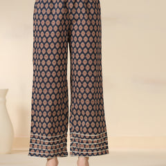 Navy Blue Pure Cotton Printed Mirror Work Round Neck 3/4 Sleeves Calf Length Flared Kurta Pant And Dupatta Set Mizazjaipur