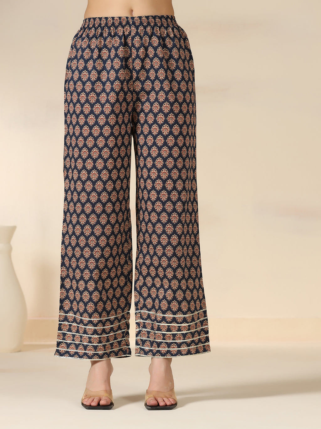 Navy Blue Pure Cotton Printed Mirror Work Round Neck 3/4 Sleeves Calf Length Flared Kurta Pant And Dupatta Set Mizazjaipur