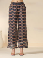 Navy Blue Pure Cotton Printed Mirror Work Round Neck 3/4 Sleeves Calf Length Flared Kurta Pant And Dupatta Set Mizazjaipur