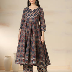 Navy Blue Pure Cotton Printed Mirror Work Round Neck 3/4 Sleeves Calf Length Flared Kurta Pant And Dupatta Set Mizazjaipur