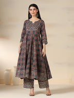 Navy Blue Pure Cotton Printed Mirror Work Round Neck 3/4 Sleeves Calf Length Flared Kurta Pant And Dupatta Set Mizazjaipur