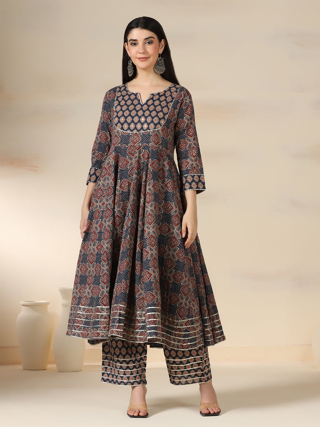 Navy Blue Pure Cotton Printed Mirror Work Round Neck 3/4 Sleeves Calf Length Flared Kurta Pant And Dupatta Set Mizazjaipur
