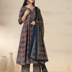 Navy Blue Pure Cotton Printed Mirror Work Round Neck 3/4 Sleeves Calf Length Flared Kurta Pant And Dupatta Set Mizazjaipur