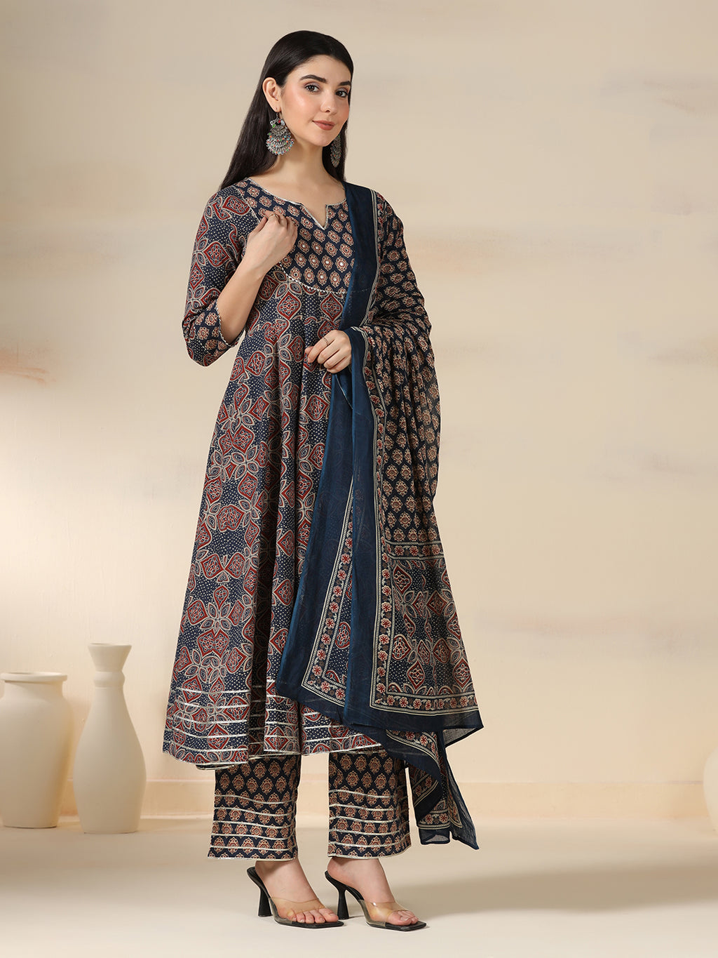 Navy Blue Pure Cotton Printed Mirror Work Round Neck 3/4 Sleeves Calf Length Flared Kurta Pant And Dupatta Set Mizazjaipur