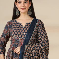 Navy Blue Pure Cotton Printed Mirror Work Round Neck 3/4 Sleeves Calf Length Flared Kurta Pant And Dupatta Set Mizazjaipur