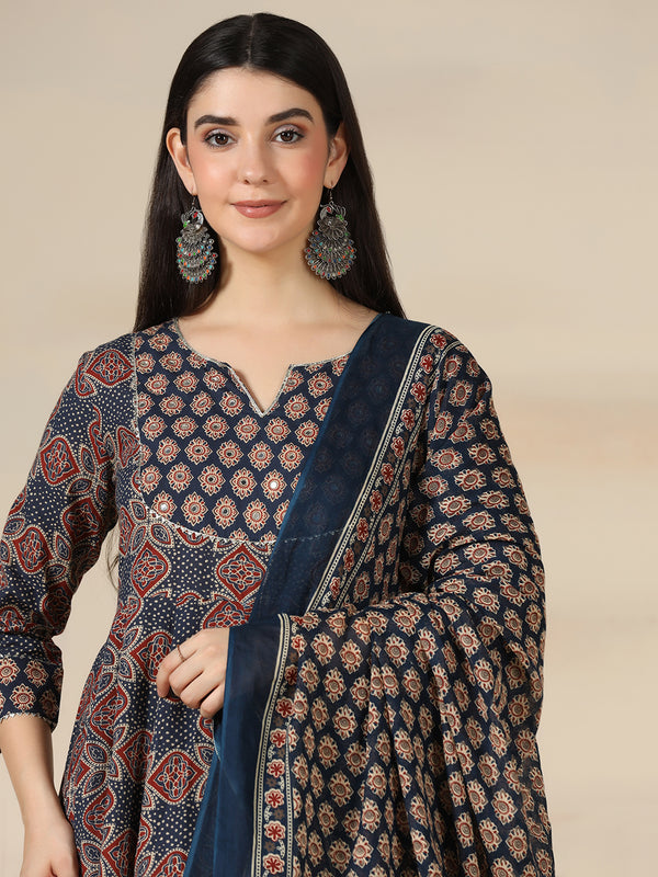 Navy Blue Pure Cotton Printed Mirror Work Round Neck 3/4 Sleeves Calf Length Flared Kurta Pant And Dupatta Set Mizazjaipur