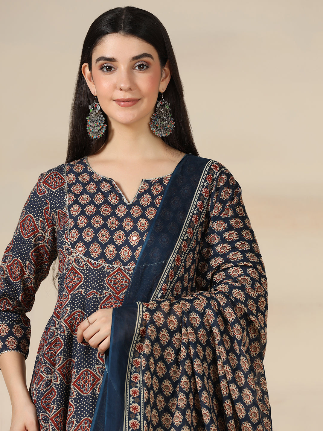 Navy Blue Pure Cotton Printed Mirror Work Round Neck 3/4 Sleeves Calf Length Flared Kurta Pant And Dupatta Set Mizazjaipur