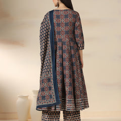 Navy Blue Pure Cotton Printed Mirror Work Round Neck 3/4 Sleeves Calf Length Flared Kurta Pant And Dupatta Set Mizazjaipur