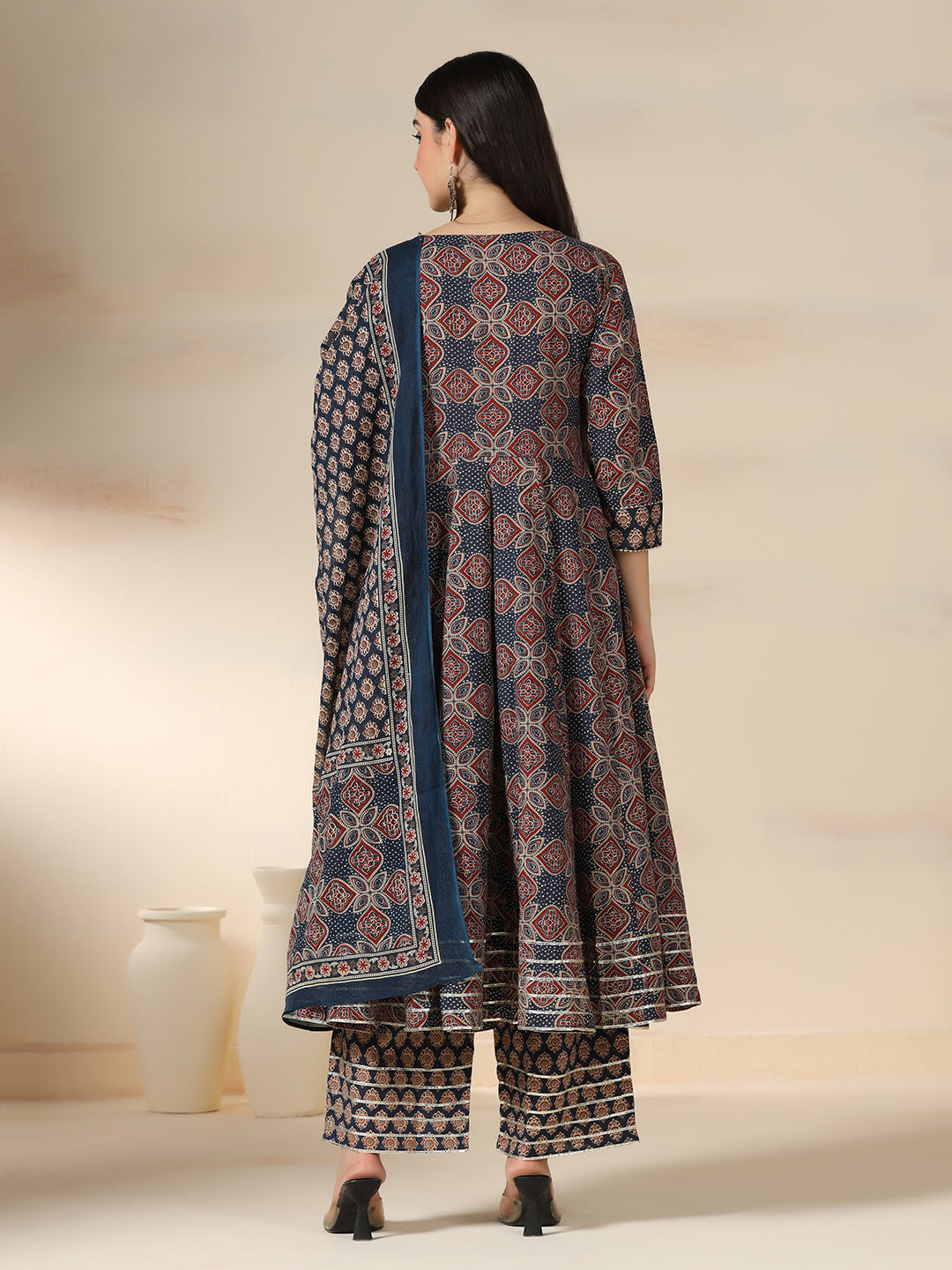Navy Blue Pure Cotton Printed Mirror Work Round Neck 3/4 Sleeves Calf Length Flared Kurta Pant And Dupatta Set Mizazjaipur