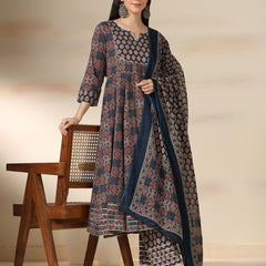 Navy Blue Pure Cotton Printed Mirror Work Round Neck 3/4 Sleeves Calf Length Flared Kurta Pant And Dupatta Set Mizazjaipur