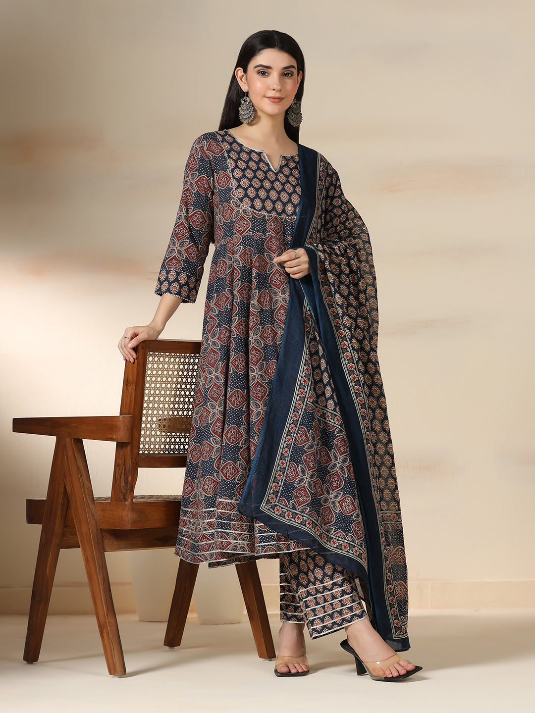 Navy Blue Pure Cotton Printed Mirror Work Round Neck 3/4 Sleeves Calf Length Flared Kurta Pant And Dupatta Set Mizazjaipur