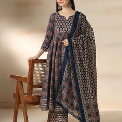 Navy Blue Pure Cotton Printed Mirror Work Round Neck 3/4 Sleeves Calf Length Flared Kurta Pant And Dupatta Set Mizazjaipur