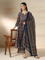 Navy Blue Pure Cotton Printed Mirror Work Round Neck 3/4 Sleeves Calf Length Flared Kurta Pant And Dupatta Set Mizazjaipur