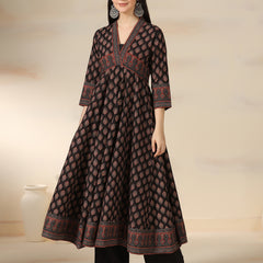 Black Pure Cotton Printed V-Neck 3/4 Sleeves Calf Length Flared Kurta Pant And Dupatta Set Mizazjaipur