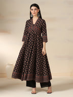 Black Pure Cotton Printed V-Neck 3/4 Sleeves Calf Length Flared Kurta Pant And Dupatta Set Mizazjaipur