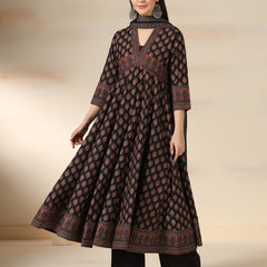 Black Pure Cotton Printed V-Neck 3/4 Sleeves Calf Length Flared Kurta Pant And Dupatta Set Mizazjaipur