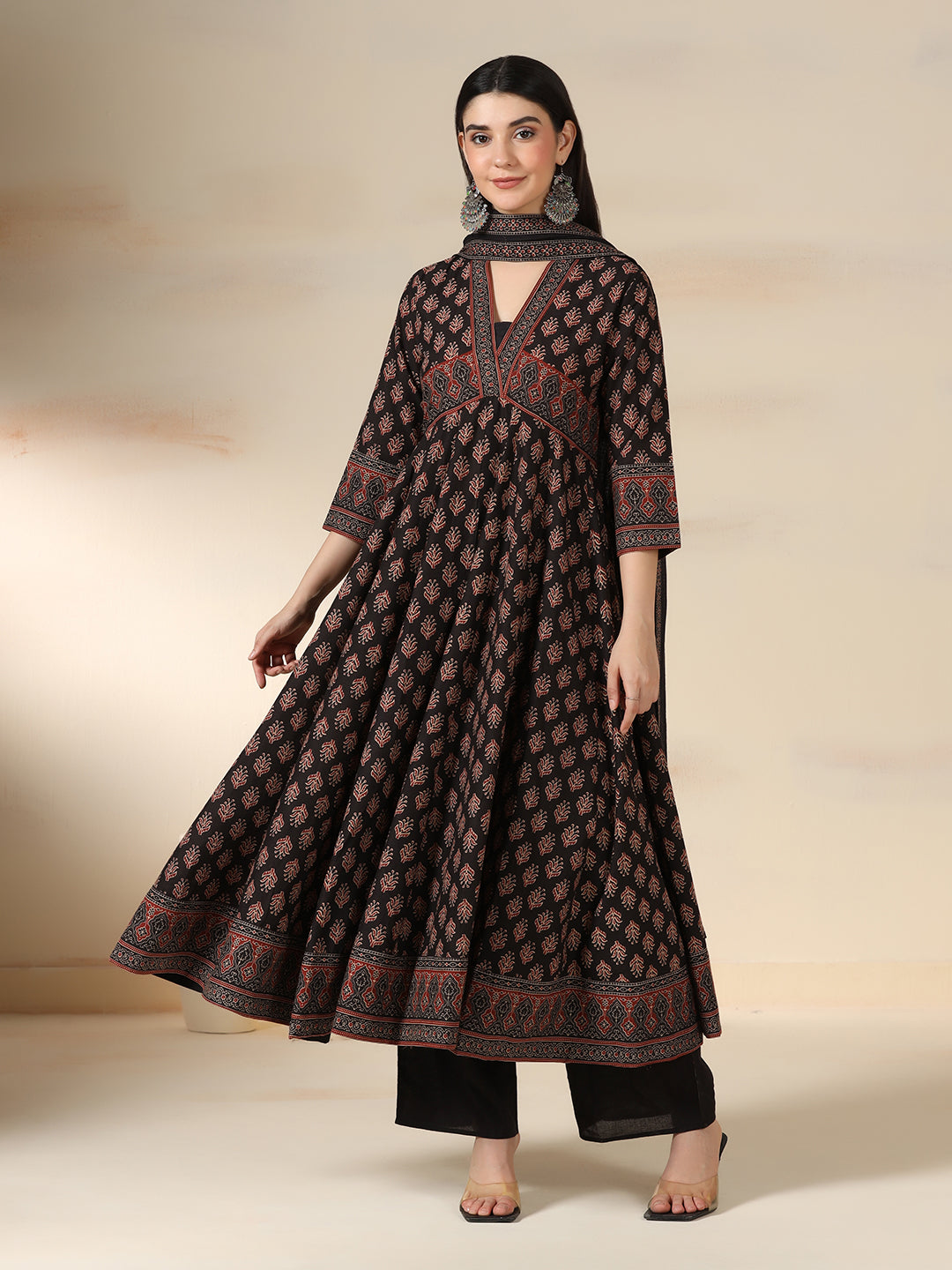 Black Pure Cotton Printed V-Neck 3/4 Sleeves Calf Length Flared Kurta Pant And Dupatta Set Mizazjaipur