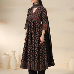 Black Pure Cotton Printed V-Neck 3/4 Sleeves Calf Length Flared Kurta Pant And Dupatta Set Mizazjaipur