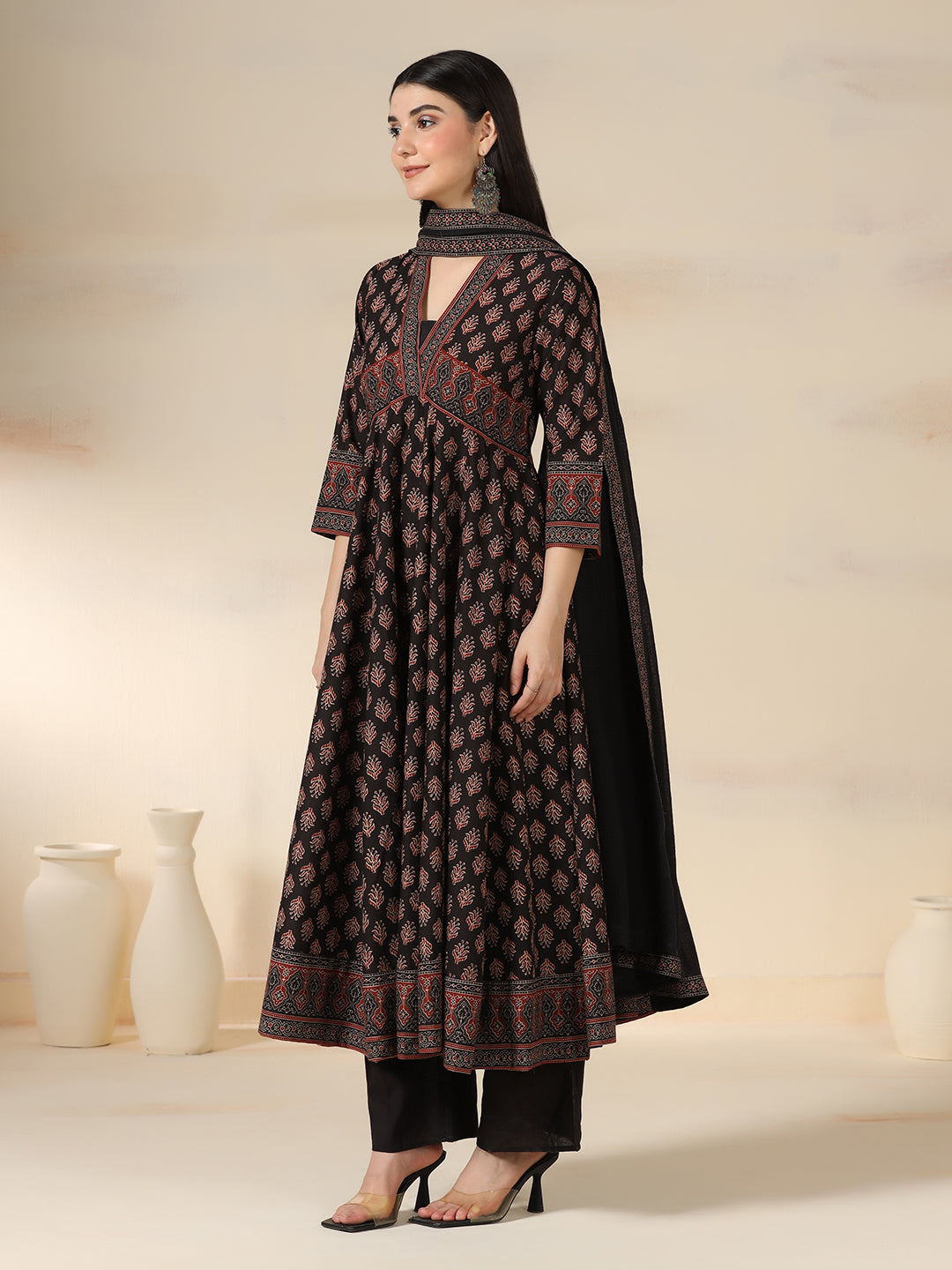 Black Pure Cotton Printed V-Neck 3/4 Sleeves Calf Length Flared Kurta Pant And Dupatta Set Mizazjaipur