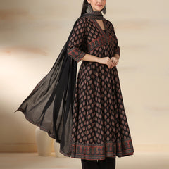 Black Pure Cotton Printed V-Neck 3/4 Sleeves Calf Length Flared Kurta Pant And Dupatta Set Mizazjaipur
