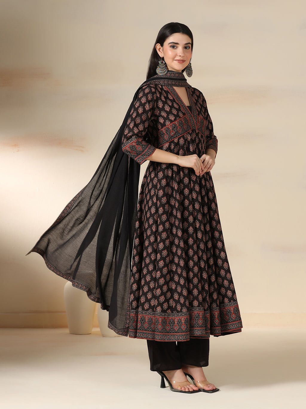 Black Pure Cotton Printed V-Neck 3/4 Sleeves Calf Length Flared Kurta Pant And Dupatta Set Mizazjaipur