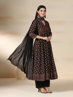 Black Pure Cotton Printed V-Neck 3/4 Sleeves Calf Length Flared Kurta Pant And Dupatta Set Mizazjaipur