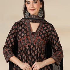 Black Pure Cotton Printed V-Neck 3/4 Sleeves Calf Length Flared Kurta Pant And Dupatta Set Mizazjaipur