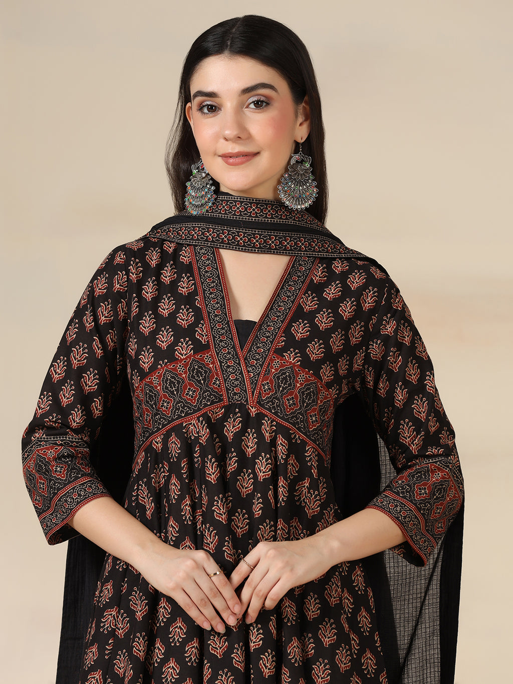 Black Pure Cotton Printed V-Neck 3/4 Sleeves Calf Length Flared Kurta Pant And Dupatta Set Mizazjaipur