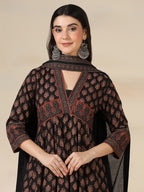 Black Pure Cotton Printed V-Neck 3/4 Sleeves Calf Length Flared Kurta Pant And Dupatta Set Mizazjaipur