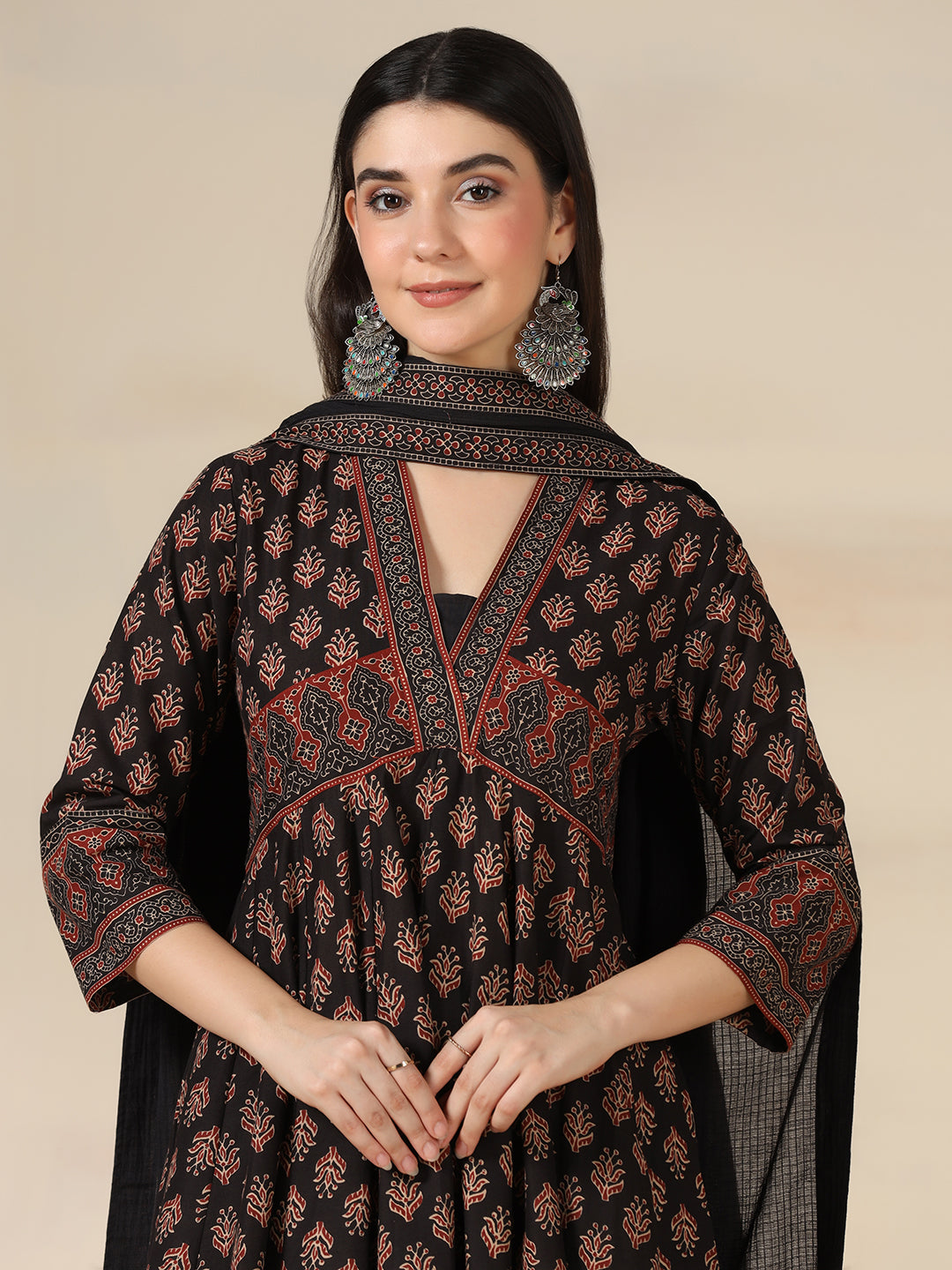 Black Pure Cotton Printed V-Neck 3/4 Sleeves Calf Length Flared Kurta Pant And Dupatta Set Mizazjaipur