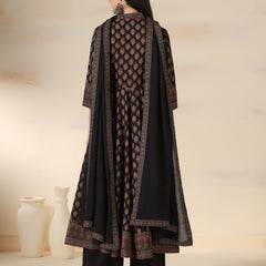 Black Pure Cotton Printed V-Neck 3/4 Sleeves Calf Length Flared Kurta Pant And Dupatta Set Mizazjaipur