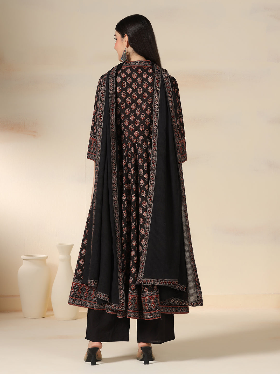 Black Pure Cotton Printed V-Neck 3/4 Sleeves Calf Length Flared Kurta Pant And Dupatta Set Mizazjaipur
