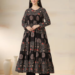 Black Rayon Printed Round Neck Full Sleeves Calf Length Flared Kurta Pant And Dupatta Set Mizazjaipur