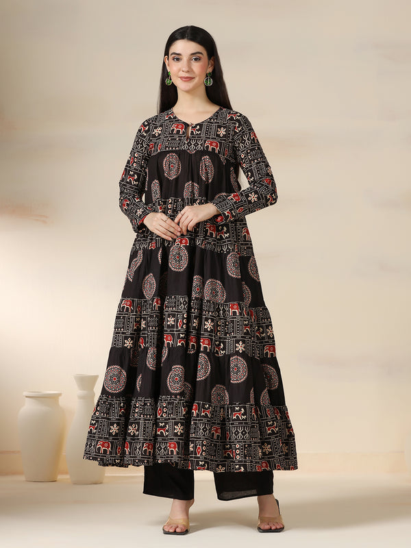 Black Rayon Printed Round Neck Full Sleeves Calf Length Flared Kurta Pant And Dupatta Set Mizazjaipur