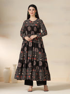 Black Rayon Printed Round Neck Full Sleeves Calf Length Flared Kurta Pant And Dupatta Set Mizazjaipur