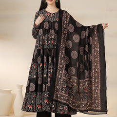 Black Rayon Printed Round Neck Full Sleeves Calf Length Flared Kurta Pant And Dupatta Set Mizazjaipur