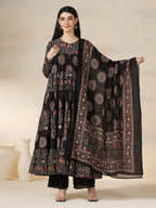 Black Rayon Printed Round Neck Full Sleeves Calf Length Flared Kurta Pant And Dupatta Set Mizazjaipur
