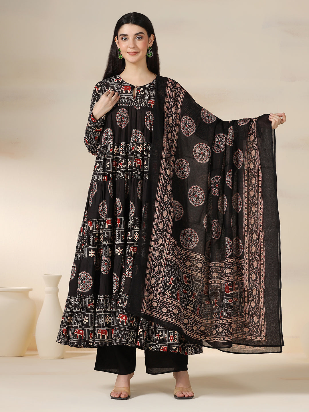 Black Rayon Printed Round Neck Full Sleeves Calf Length Flared Kurta Pant And Dupatta Set Mizazjaipur